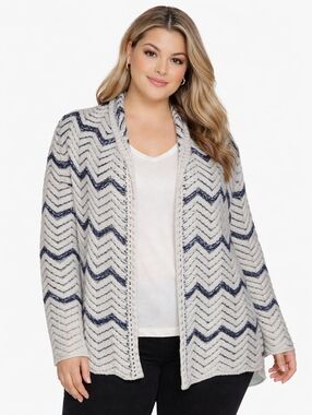 BKE BOUTIQUE Black White Chevron Metallic Scalloped Open Front Knit Cardigan